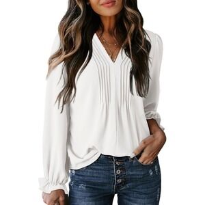 White V Neck Pintuck Pleated Long Sleeve Ruffle Cuff Blouse women's xl nwt